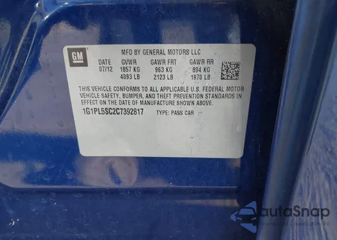 2012 Chevrolet Cruze 1Lt z USA, uszkodzony, nr VIN 1G1PL5SC2C7392817